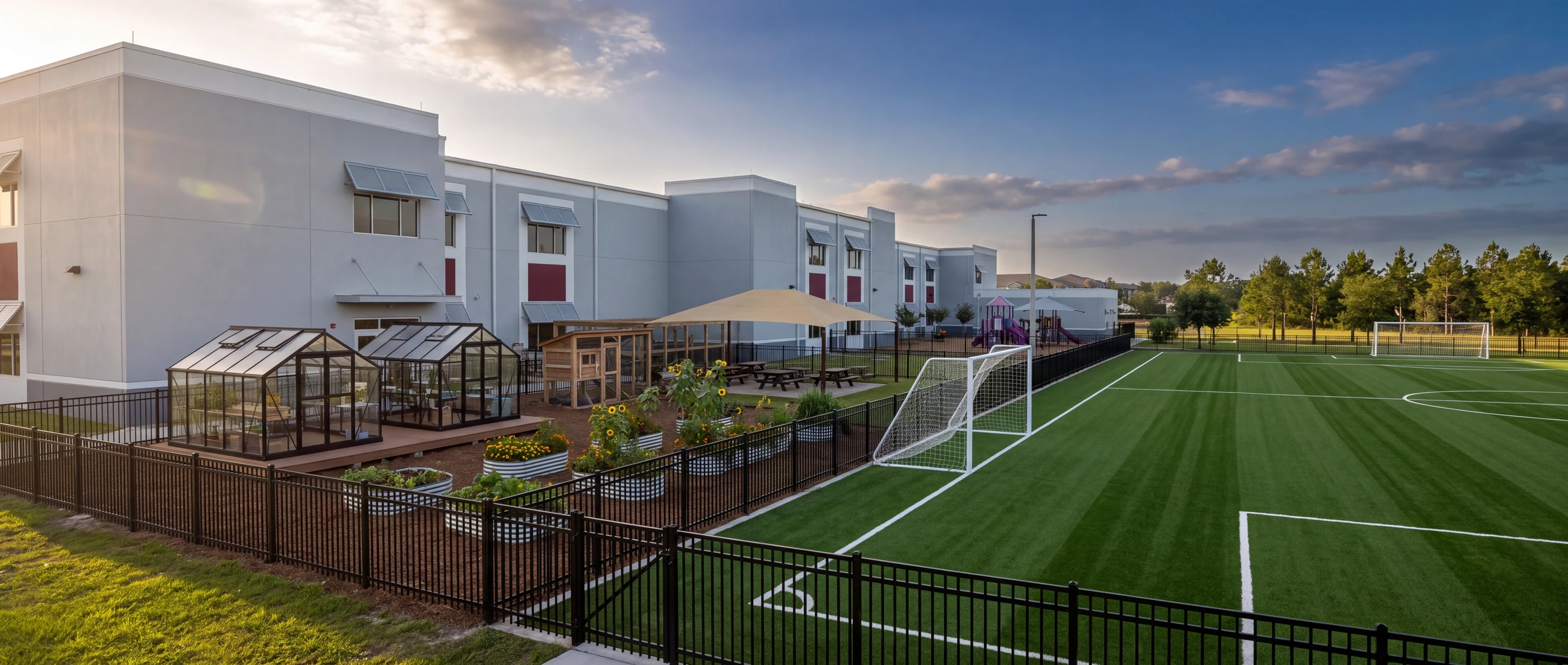 Greenhouses, raised garden beds, and the outdoor classroom beside the school at golden hour