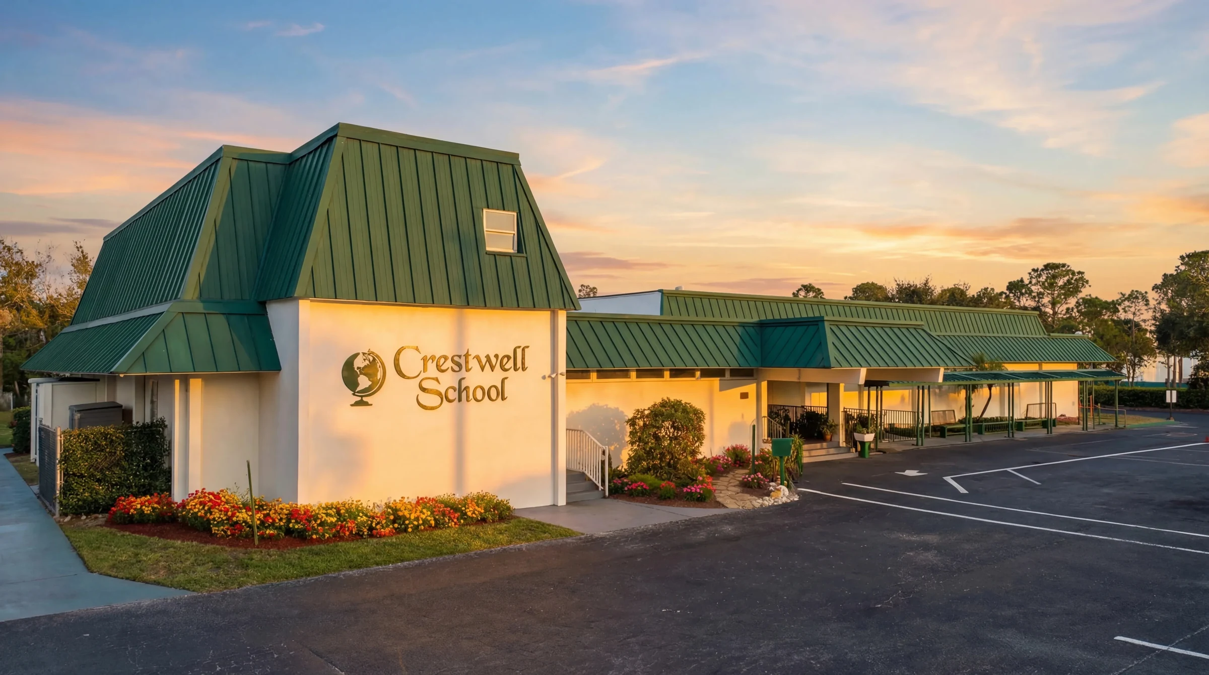 Crestwell School campus at sunset